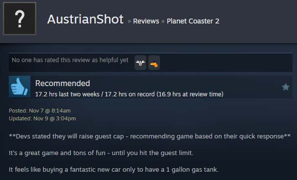 Screenshot showing Steam user reviews of Planet Coaster 2.